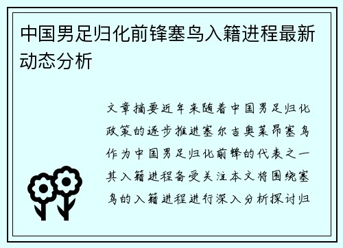 中国男足归化前锋塞鸟入籍进程最新动态分析